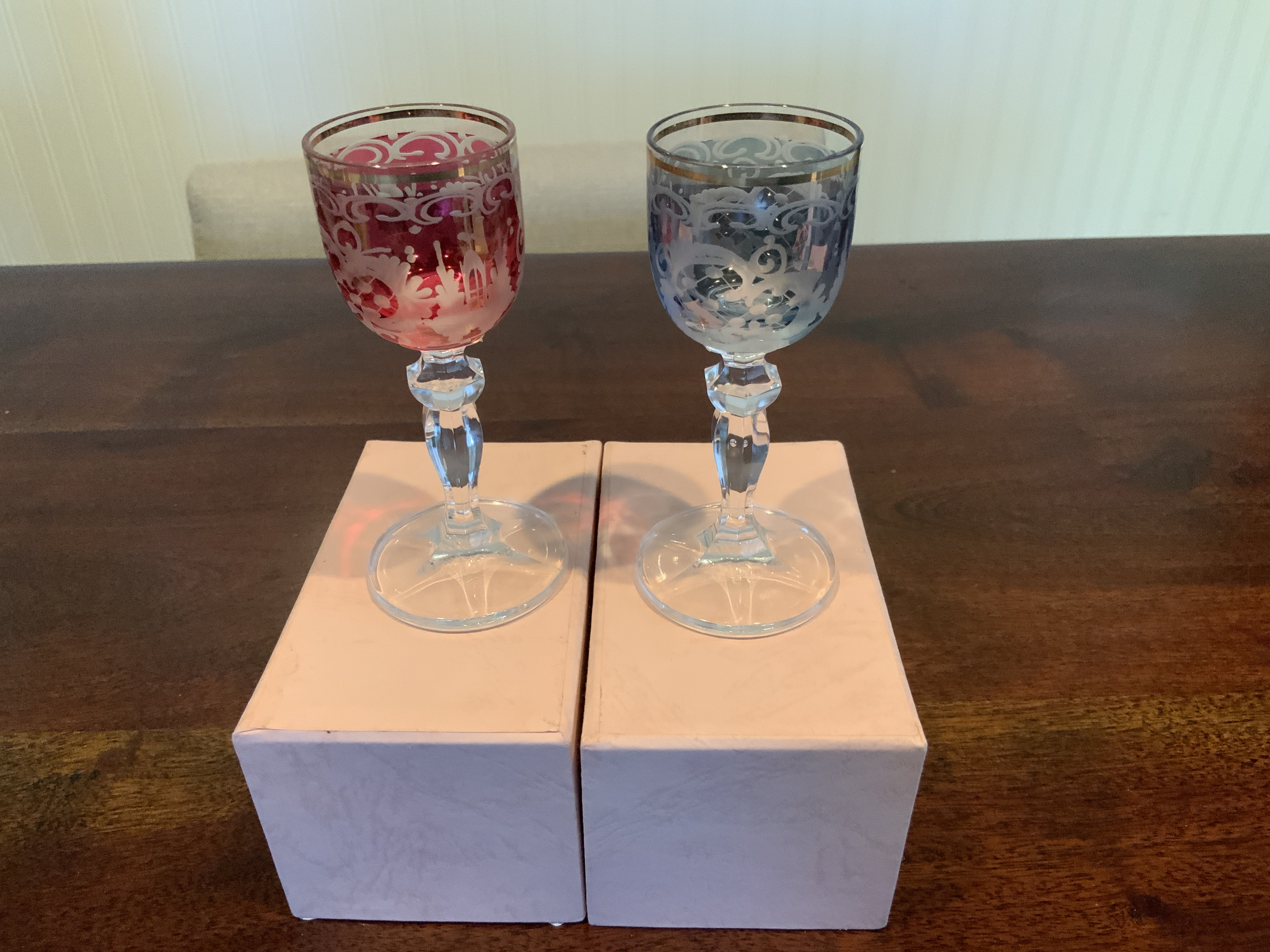 Set of Two Etched Glass Cordial Glasses